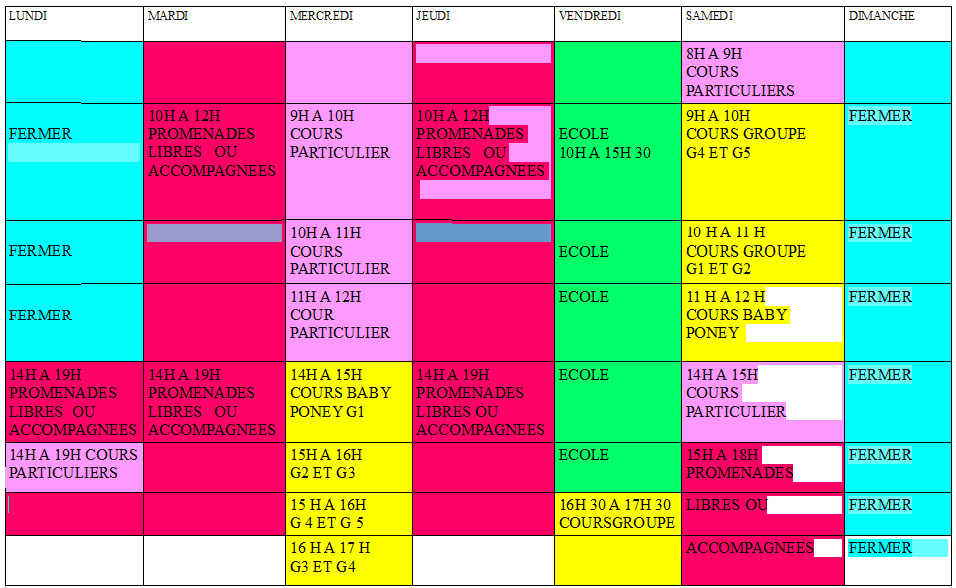 Planning cours hors vacances